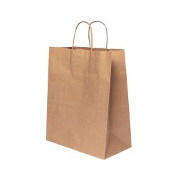 carton de 250 sacs cabas en papier kraft brun et poignées torsadées 260x320 mm avec soufflets de 140 mm