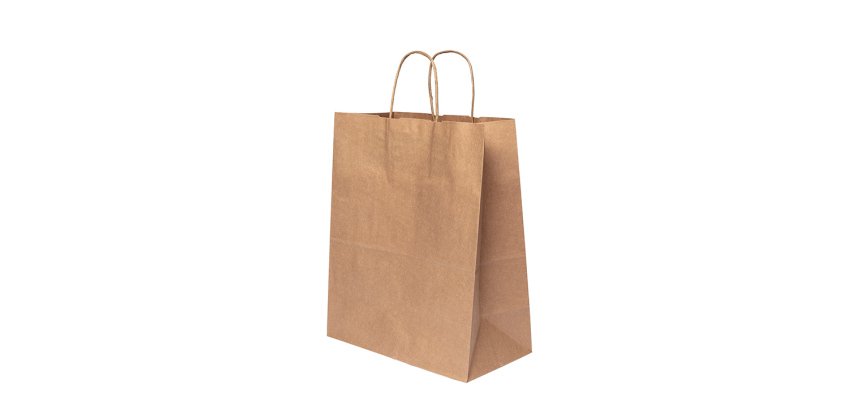carton de 250 sacs cabas en papier kraft brun et poignées torsadées 260x320 mm avec soufflets de 140 mm