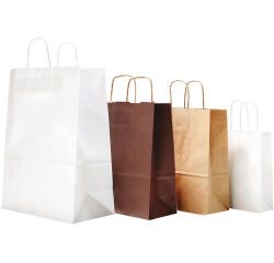 paquet de 250 sacs cabas en papier kraft et poignées torsadées 320x430 mm avec soufflets de 160 mm blanc