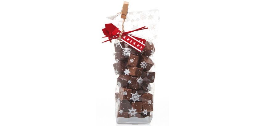 paquet de 100 sachets à confiseries décorés flocons avec fond carton, en polypropylène 100x220 mm