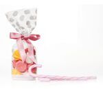 paquet de 100 sachets à confiseries décorés pois blancs avec fond carton, en polypropylène 100x220 mm