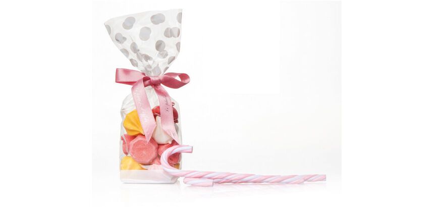 paquet de 100 sachets à confiseries décorés pois blancs avec fond carton, en polypropylène 100x220 mm