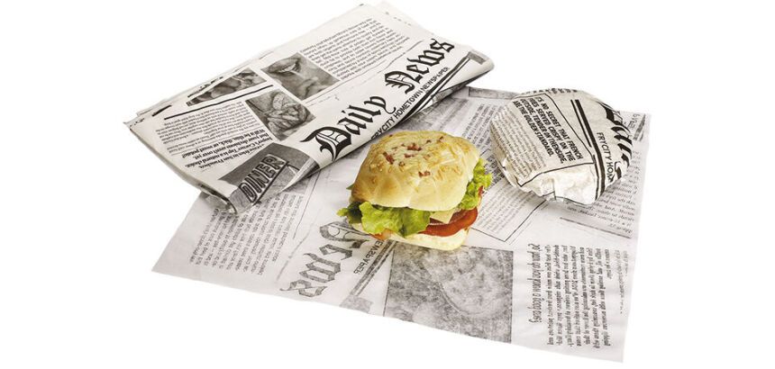 carton de 2500 feuilles (2 paquets de 1250) de papier d'emballage à burger,paraffiné impression journal 400 x 330 mm