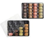 carton de 100 boites noires de transport et vente pour 20 macarons ø 45 mm, avec couvercles PVC transparents