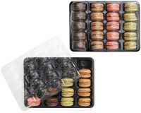 carton de 100 boites noires de transport et vente pour 20 macarons ø 45 mm, avec couvercles PVC transparents