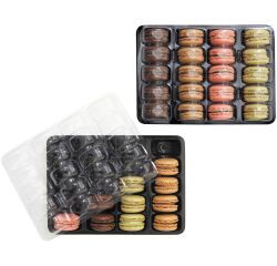 carton de 100 boites noires de transport et vente pour 20 macarons ø 45 mm, avec couvercles PVC transparents