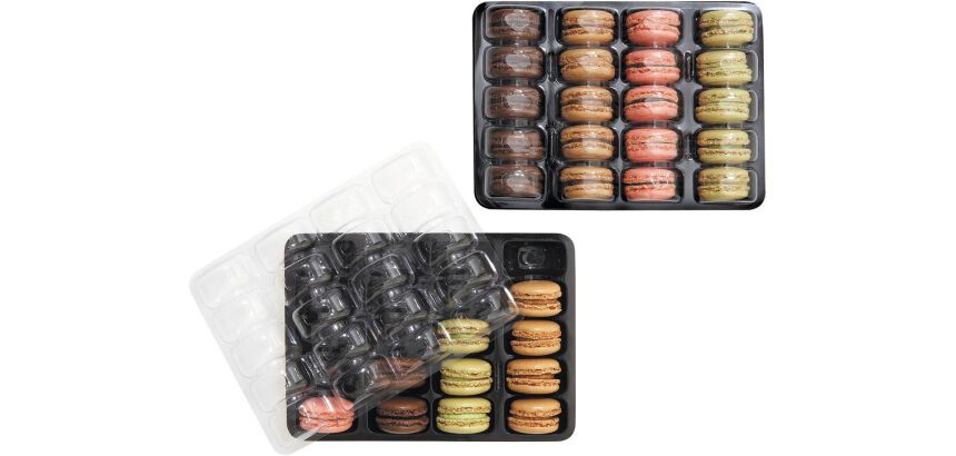 carton de 100 boites noires de transport et vente pour 20 macarons ø 45 mm, avec couvercles PVC transparents