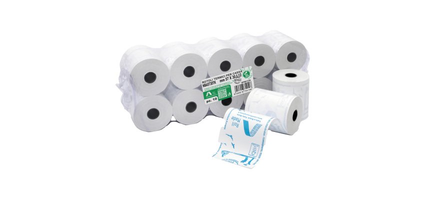 Rotolo per registratori di cassa - carta termica BPA free - 57 mm x 30 mt - 48 gr - diametro esterno 45 mm - anima 12 mm - Rotolific io Pugliese - blister 10 pezzi