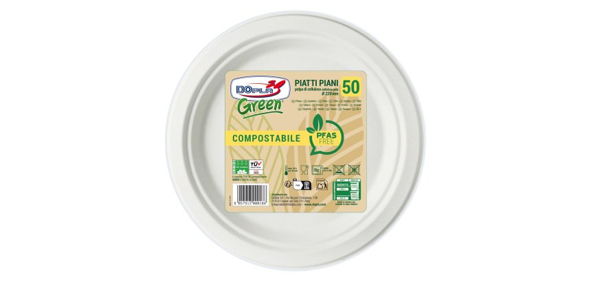 Piatto piano monouso - rotondo - diametro 22 cm - cellulosa - bianco - Dopla Green - conf. 50 pezzi