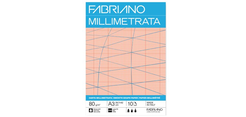 Blocco carta millimetrata - A3 - 29,7 x 42 cm - 10 fogli - 80gr - Fabriano