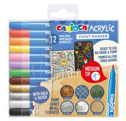 Marcatore Paint Marker acrilico - punta media - colori assortiti - Carioca - conf. 12 pezzi