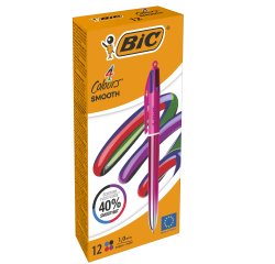 Penna sfera a scatto 4 Colori Smooth - 1.0 mm - fusto rosa - Bic - conf. 12 pezzi