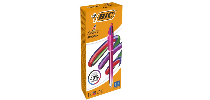 Penna sfera a scatto 4 Colori Smooth - 1.0 mm - fusto rosa - Bic - conf. 12 pezzi