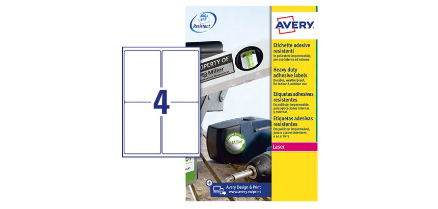 Etichette adesive L4774 - in poliestere - laser - permanenti - 99,1 x 139 mm - 4 et/fg - 8 fogli - bianco - Avery