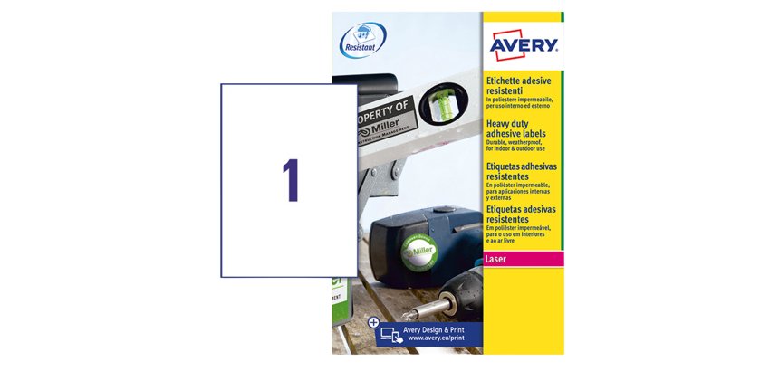 Etichette adesive L4775 - in poliestere - laser - permanenti - 210 x 297 mm - 1 et/fg - 8 fogli - bianco - Avery