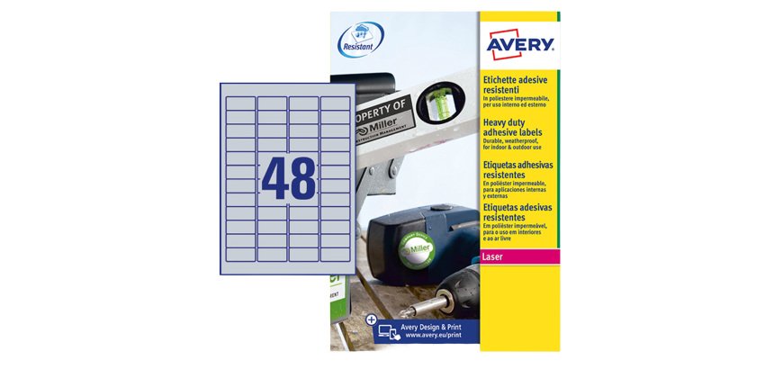 Etichette adesive L6009 - in poliestere - laser - permanenti - 45,7 x 21,2 mm - 48 et/fg - 20 fogli - argento - Avery