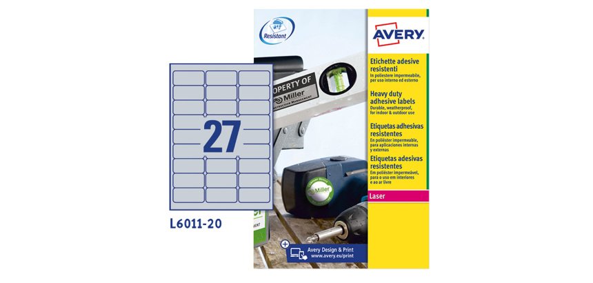 Etichette adesive L6011 - in poliestere - laser - permanenti - 63,5 x 29,6 mm - 27 et/fg - 8 fogli - argento - Avery