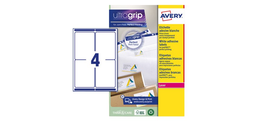 Etichette adesive L7169 - in carta - angoli arrotondati - laser - permanenti - 99,1 x 139 mm - 4 et/fg - 15 fogli - bianco - Avery