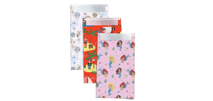 Sacchetto regalo - fantasie assortite - c/patella adesiva - 36 x 50 + 5 cm - carta - Rex Sadoch - conf. 2pz