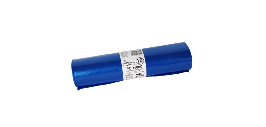 Sacco rifiuti - PCR - 90 x 120 cm - 120 L - 60 gr - azzurro -Bio Extrusion - conf. 10 pezzi