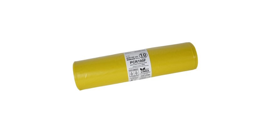 Sacco rifiuti - PCR - 90 x 120 cm - 120 L - 100 gr - giallo -Bio Extrusion - conf. 10 pezzi