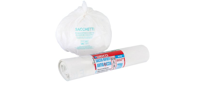 Sacchi per rifiuti organici Sac Bio - 70 x 110cm - 120 L - 12 micron - bianco - Geko - rotolo da 10 sacchetti