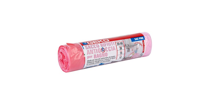 Sacchi per rifiuti organici Sac Bio - 35 x 50cm - 15 L - 12 micron - rosa - Geko - rotolo da 20 sacchetti