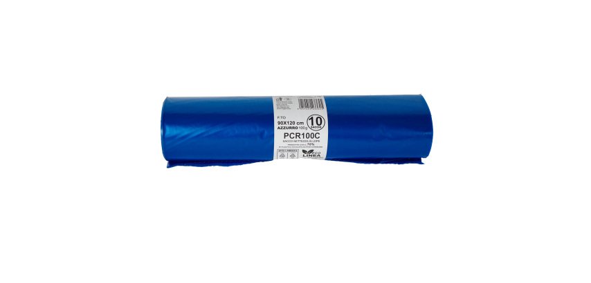 Sacco rifiuti - PCR - 90 x 120 cm - 120 L - 100 gr - azzurro -Bio Extrusion - conf. 10 pezzi