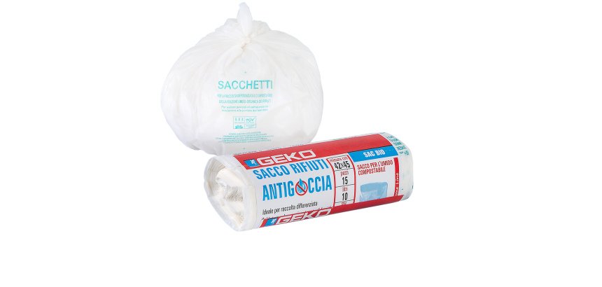Sacchi per rifiuti organici Sac Bio - 42 x 45cm - 10 L - 12 micron - bianco - Geko - rotolo da 15 sacchetti