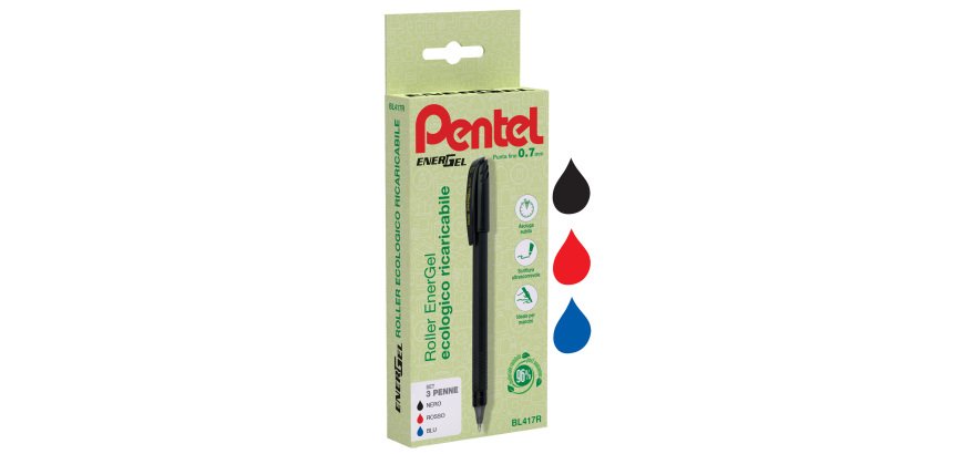 Roller Energel Recycology 96% - punta 0,7 mm - nero/rosso/blu - Pentel - conf. 3 pezzi