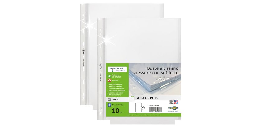 Buste forate ATLA GS plus - 22 x 30 cm - PP - c/soffietto - trasparente liscia - Sei Rota - conf. 10 pezzi