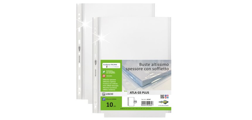 Buste forate ATLA GS plus - 22 x 30 cm - PP - c/soffietto - trasparente liscia - Sei Rota - conf. 10 pezzi