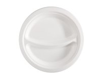 Piatto piano a 2 scomparti monouso - rotondo - diametro 23 cm - canna da zucchero - bianco - Signor Bio - conf. 50 pezzi