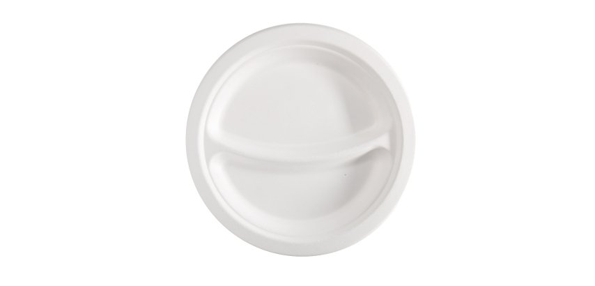 Piatto piano a 2 scomparti monouso - rotondo - diametro 23 cm - canna da zucchero - bianco - Signor Bio - conf. 50 pezzi