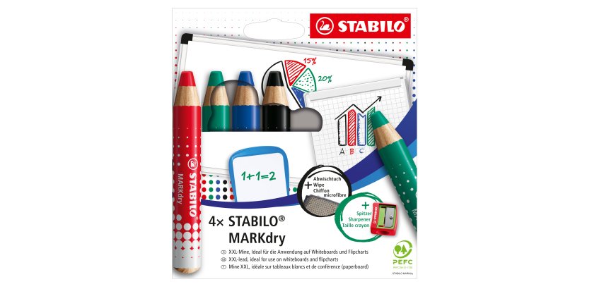 Matitoni MARKdry per lavagne - con temperino e panno microfibra - Stabilo - astuccio 4 pezzi