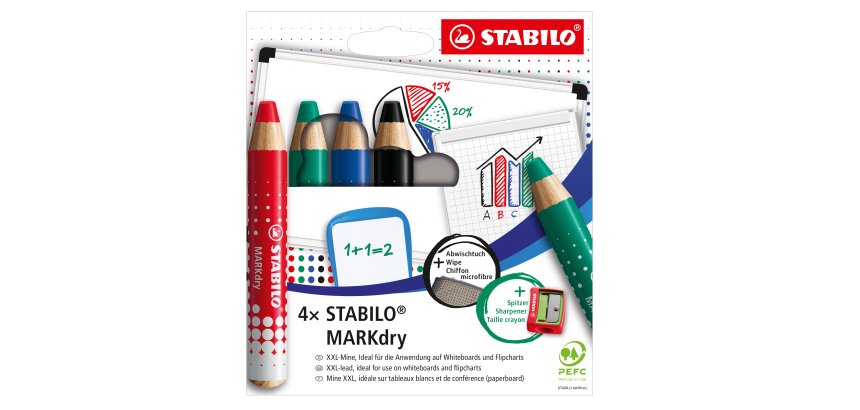 Matitoni MARKdry per lavagne - con temperino e panno microfibra - Stabilo - astuccio 4 pezzi