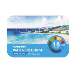 Acquerelli demi-godet - con pennello brush - in scatola di metallo - colori paesaggi assortiti - DOM - astuccio 18 colori