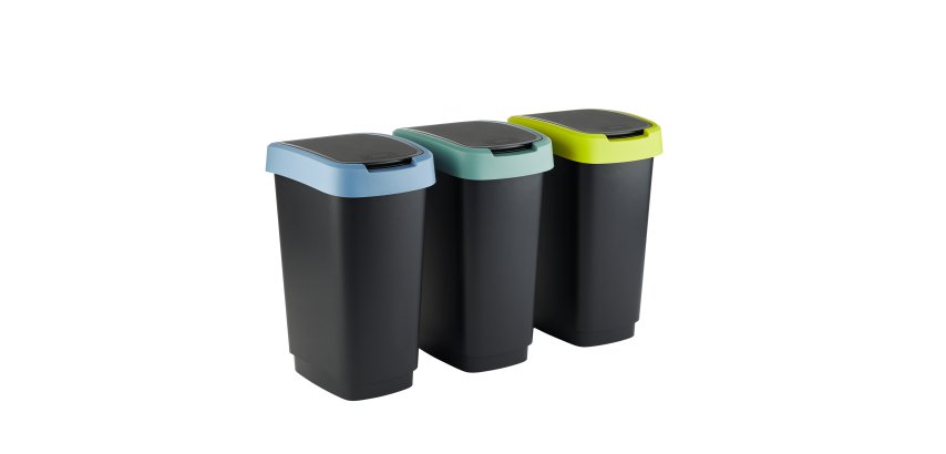 Pattumiera con coperchio basculante - 50 L - 40,1 x 29,1 x 60,2 cm - PPL - grigio/verde/lime - Rotho - kit 3 pezzi