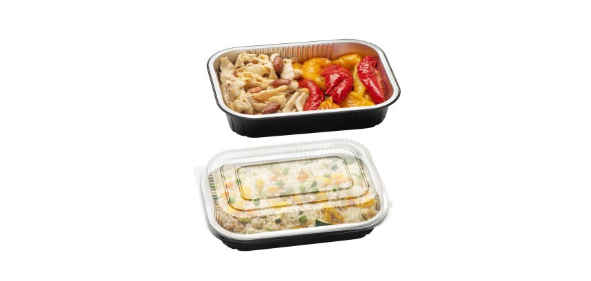 Contenitore alluminio stirato - c/ coperchio R-PET - 2 porzioni - 22 x 15 x 4,4 cm - Cuki Professional - conf. 25 pezzi
