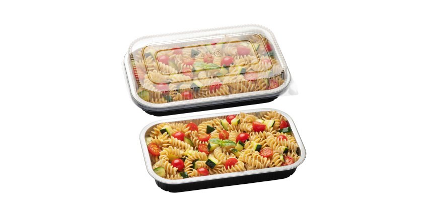 Contenitore alluminio stirato - c/coperchio R-PET - 4 porzioni - 26,5 x 16,2 x 3,7 cm - Cuki Professional - conf. 25 pezzi