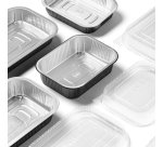 Contenitore alluminio stirato - c/coperchio R-PET - 4 porzioni - 26,5 x 16,2 x 3,7 cm - Cuki Professional - conf. 25 pezzi