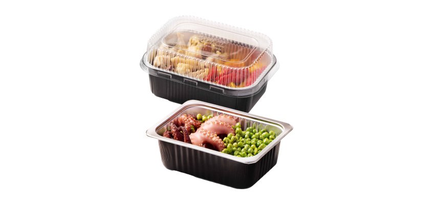 Contenitore alluminio stirato+coperchio in R-PET - 1 porzione - 17,8 x 13,6 x 4,5 cm - Cuki Professional - conf. 25 pezzi