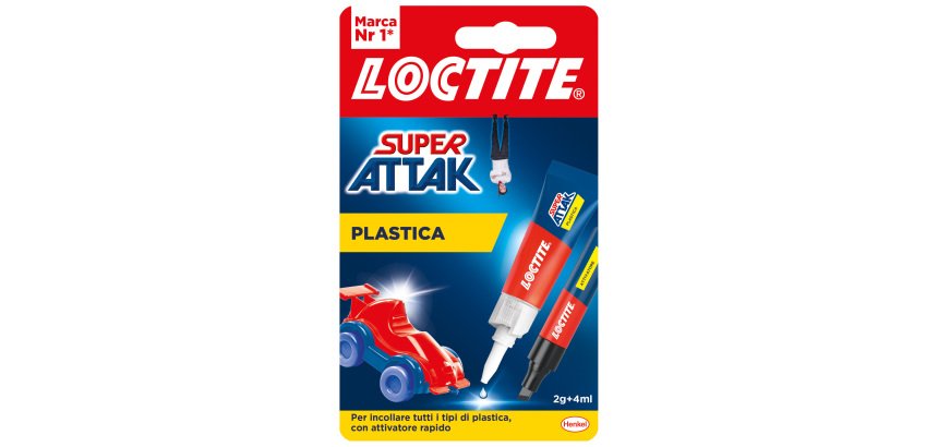 Colla Super Attak - adesivo liquido e attivatore in penna - adatto per incollare plastiche domestiche - 2 gr + 4 ml - trasparente - Loctite - conf. 2 pezzi