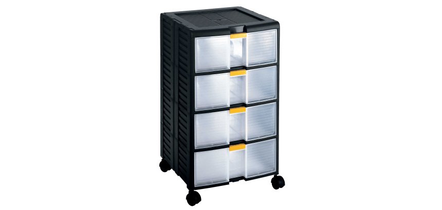 Cassettiera portautensili modulare Store-Age - 4 cassetti - con maniglia e ruote - 39,1 x 39 x 62,9 cm - PPL - trasparente/nero - Terry