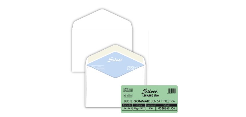 Busta Busta Silver FSC - senza finestra - gommata - 11,4 x 16,2 cm - 80 gr - bianco - Pigna Envelopes - conf. 500 pezzi