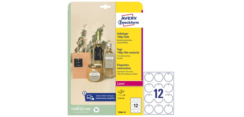 Cartellino stampabile resistente - plastica 190 µ -  laser - diametro 60 mm - 12 cart/fg - 10 fogli - bianco - Avery