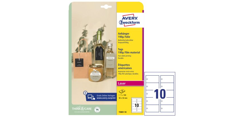 Cartellino stampabile resistente - plastica 190 µ - laser - 90 x 50 mm - 10 cart/fg - 10 fogli - bianco - Avery