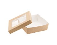 Scatola da asporto - con finestra trasparente - 14 x 14 x 5 cm - carta kraft/PE - avana - Leone - conf. 25 pezzi