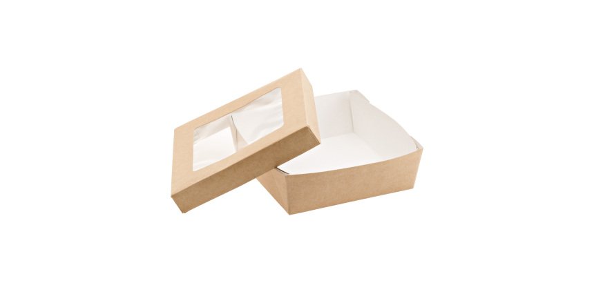 Scatola da asporto - con finestra trasparente - 14 x 14 x 5 cm - carta kraft/PE - avana - Leone - conf. 25 pezzi