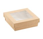 Scatola da asporto - con finestra trasparente - 14 x 14 x 5 cm - carta kraft/PE - avana - Leone - conf. 25 pezzi